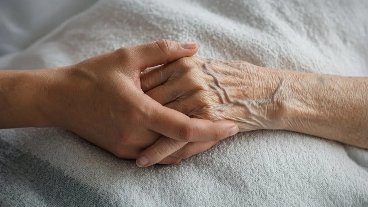 An adult daughter holds her elderly mother's hand by a nursing home bed, a family facing a possible nursing home wrongful death.