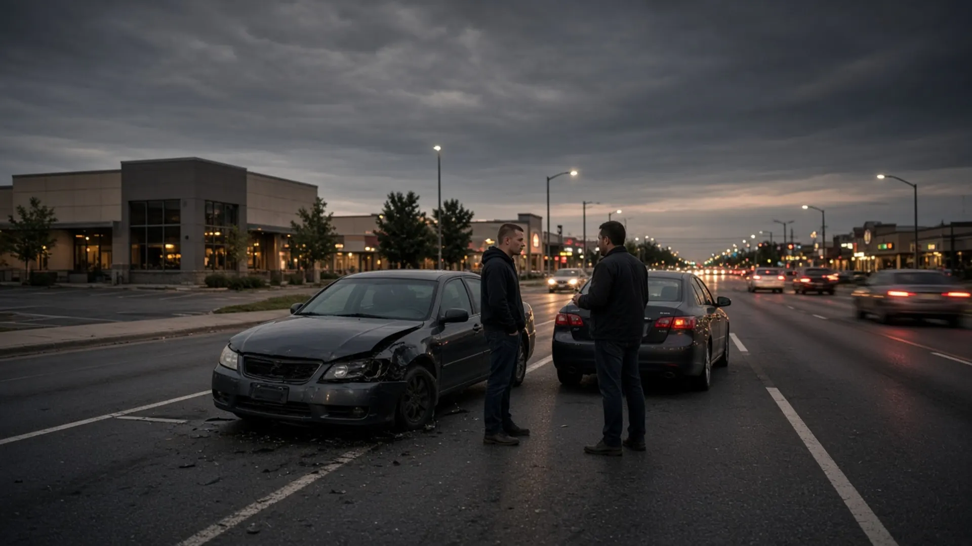 Oak Grove, KY personal injury lawyer — Two drivers talking after a crash on a busy commercial boulevard in Oak Grove