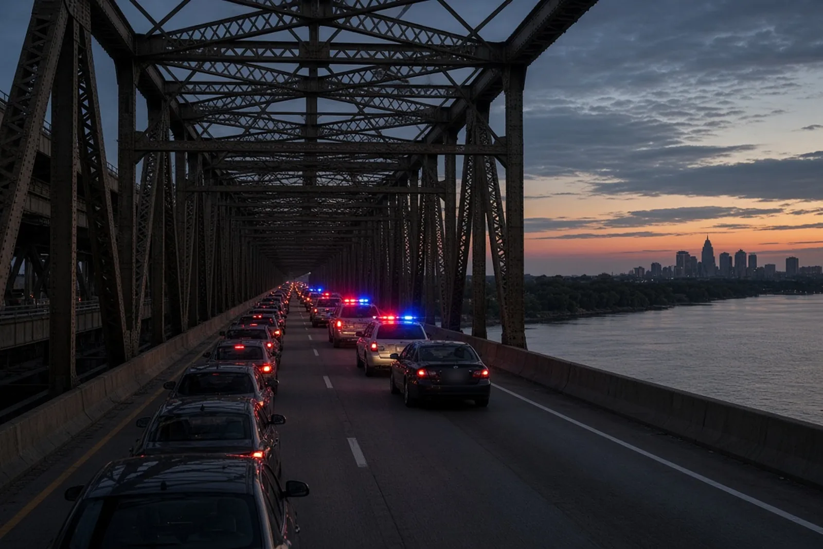 Bridge accident: traffic backed up on a steel truss bridge over the Ohio River at dusk with emergency lights near a crash