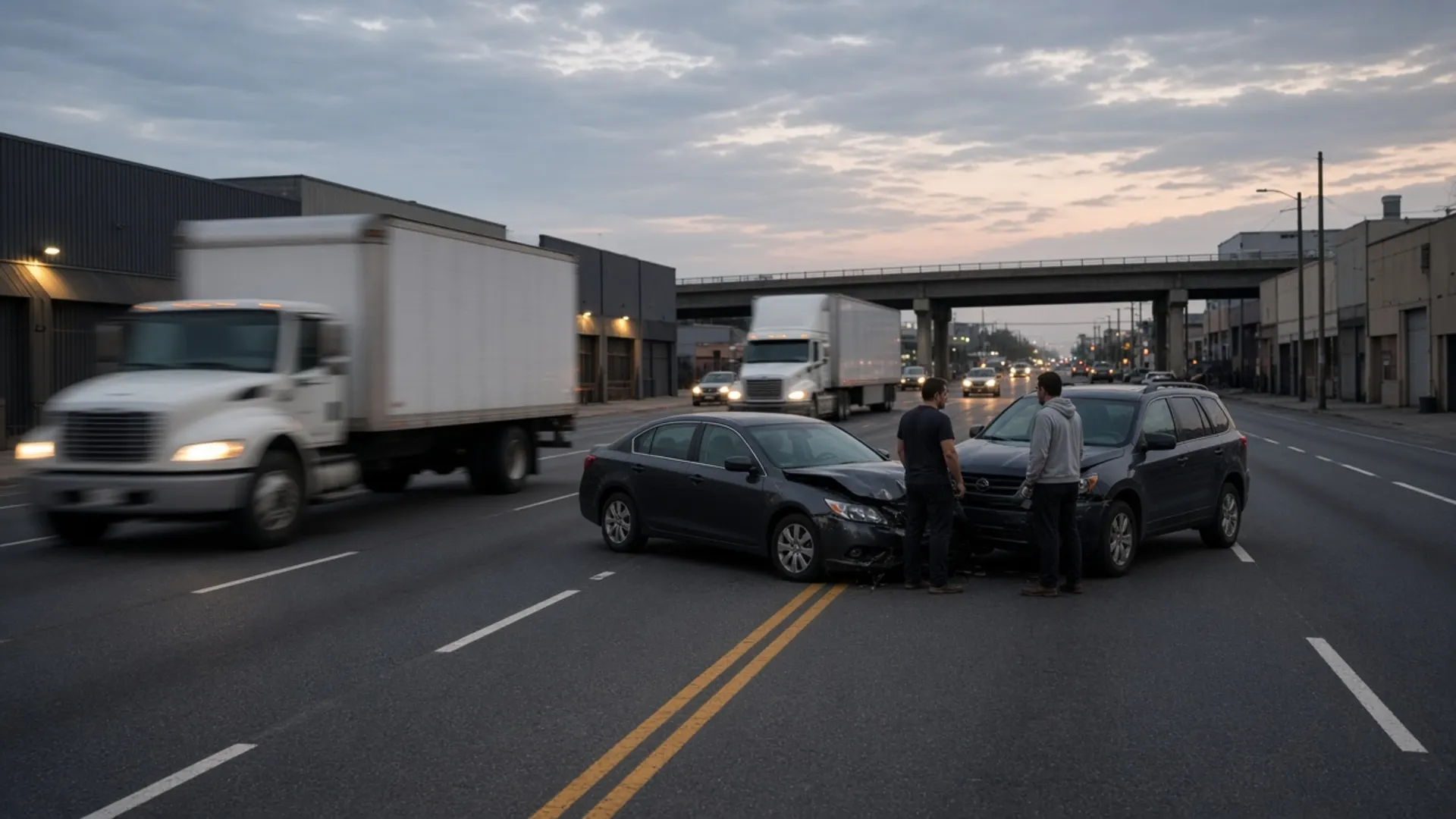 Okolona personal injury lawyer — Box trucks and cars passing two drivers beside damaged cars on a busy commercial highway near an interstate in Okolona