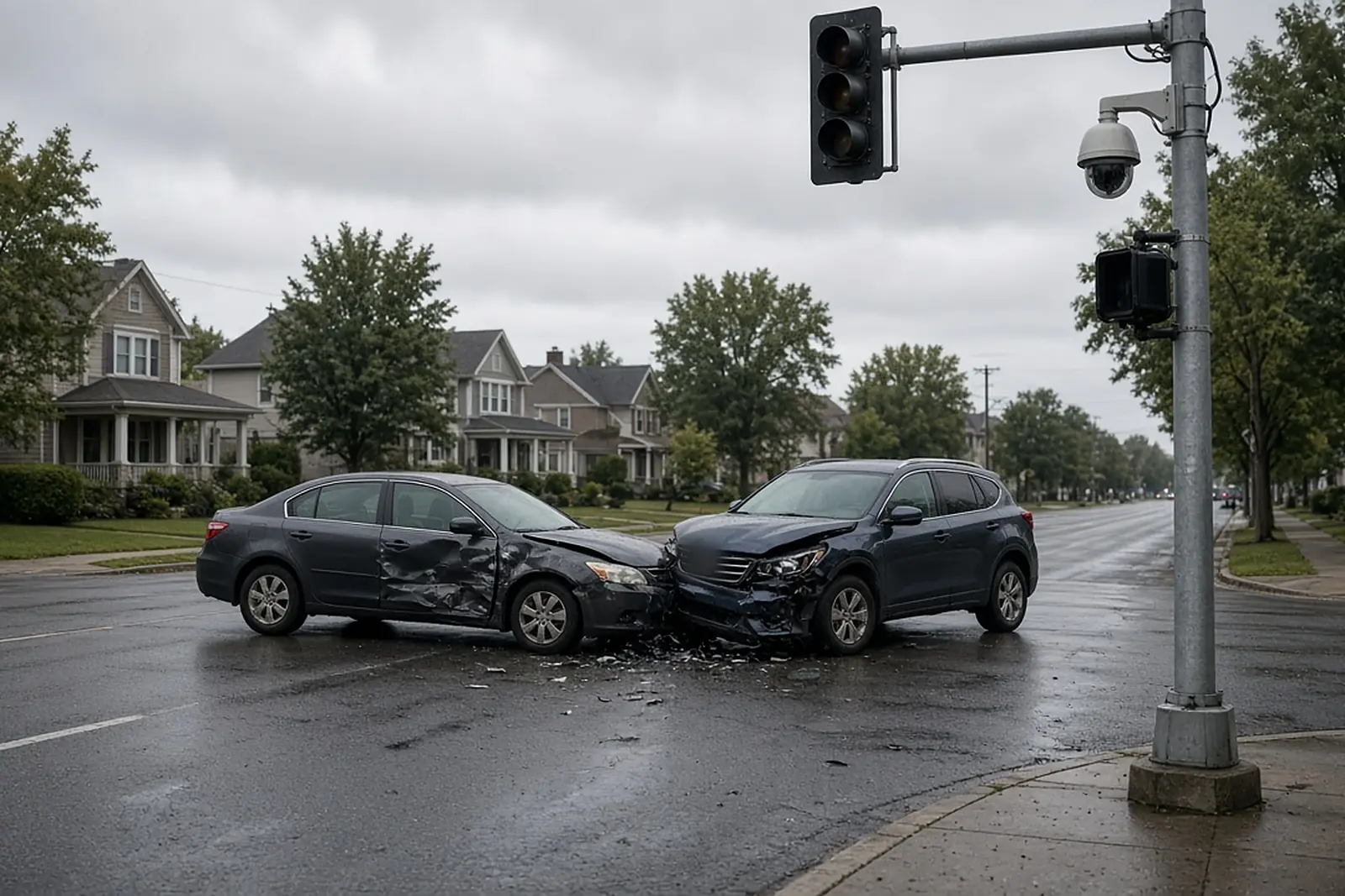 Other driver lying about the accident: two cars after an intersection collision below a traffic camera