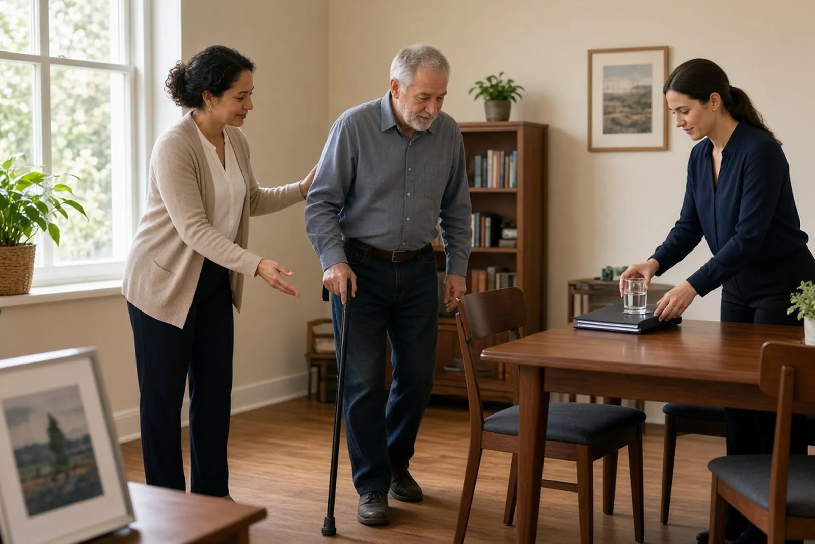 Our process starts with a free case evaluation: a staff member welcomes an injured client into a meeting room.