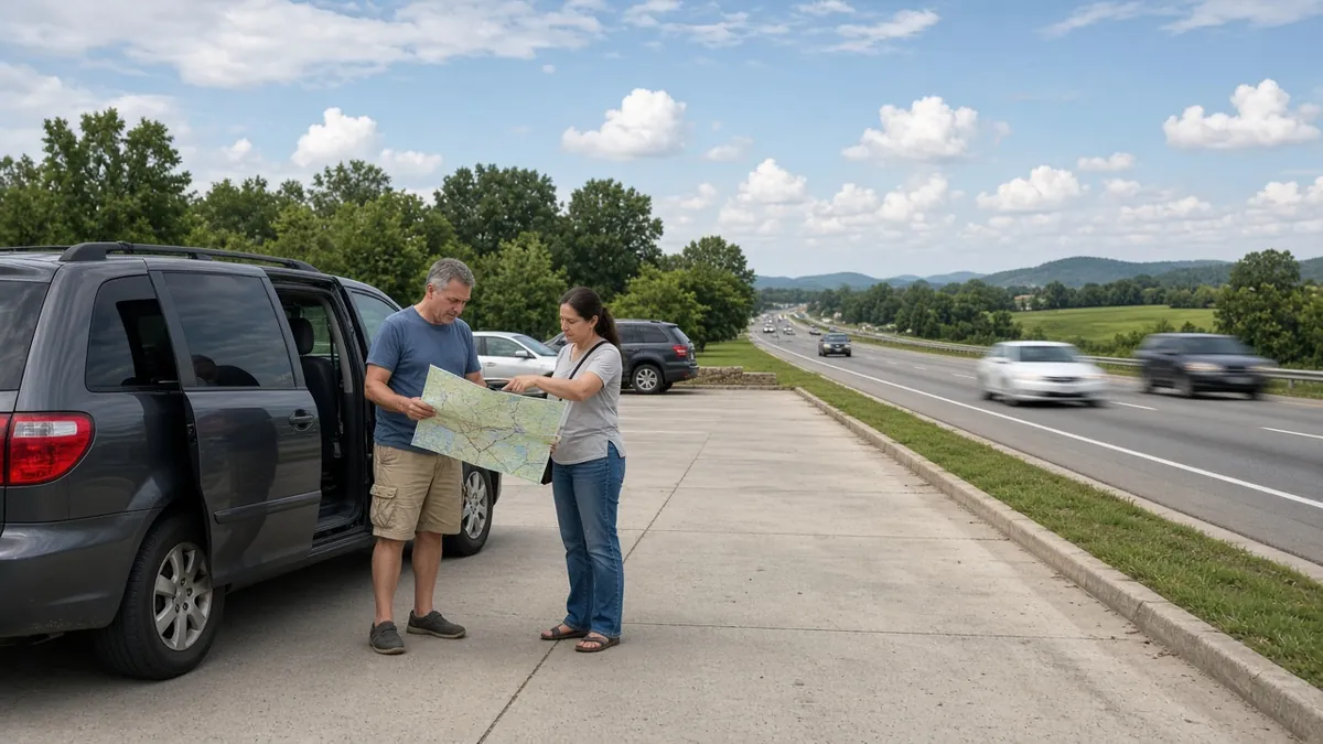 Travelers at a Kentucky rest area, illustrating an out-of-state driver accident and insurance questions.