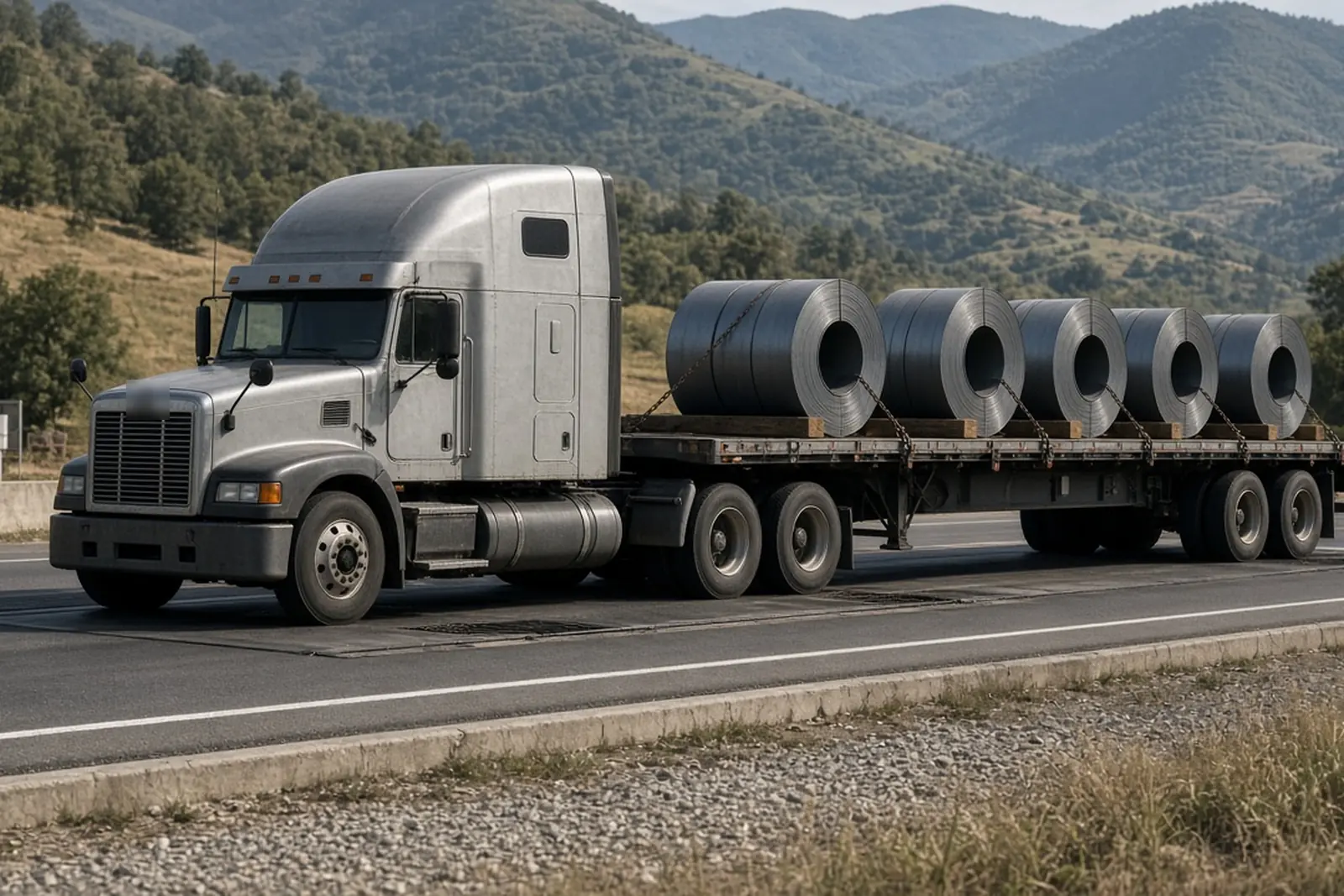 Overloaded truck: heavily loaded flatbed tractor-trailer crossing a highway weigh station scale in Kentucky