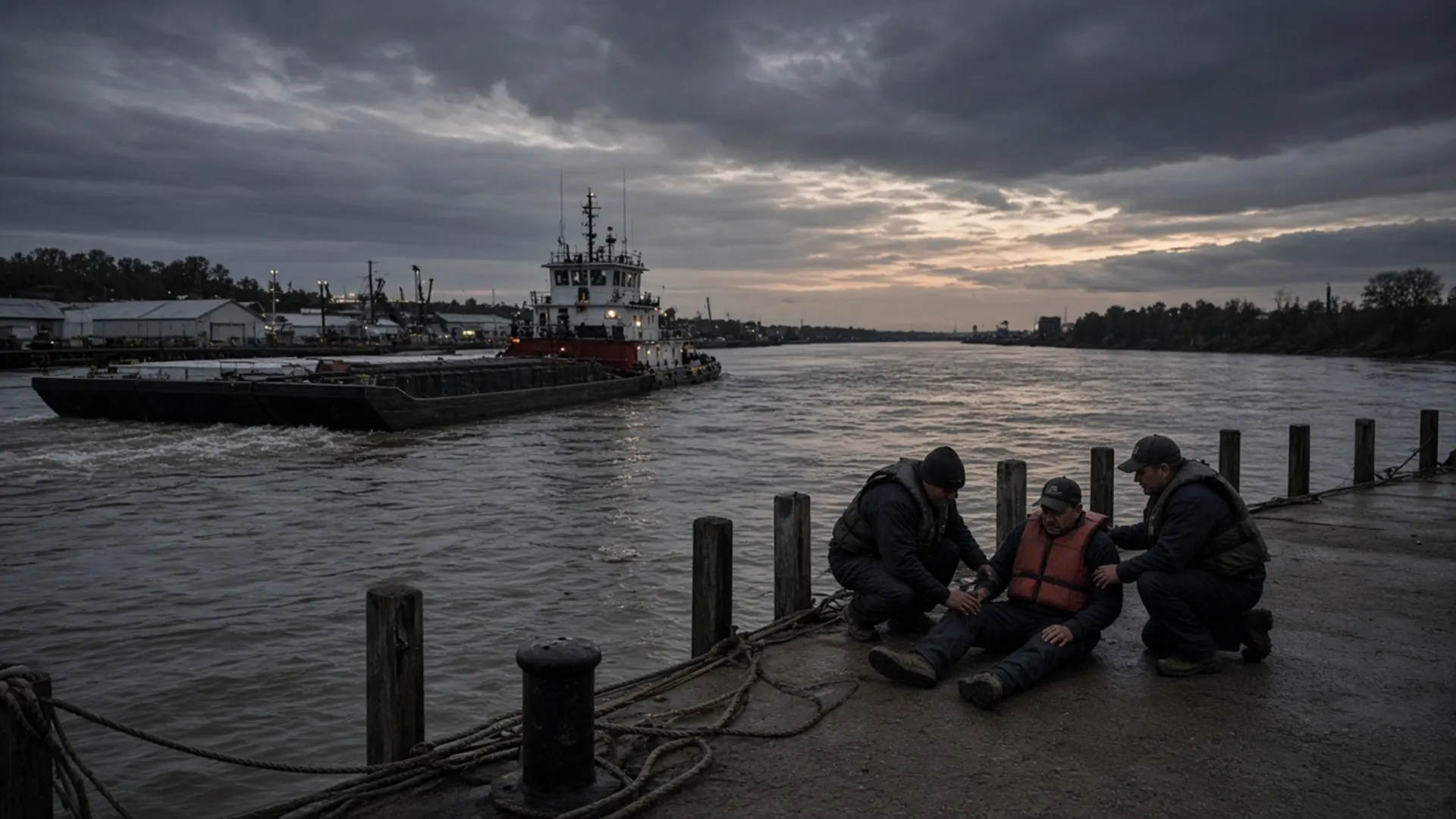 Paducah, KY personal injury lawyer — Coworkers helping an injured deckhand on a riverfront dock near a towboat in Paducah