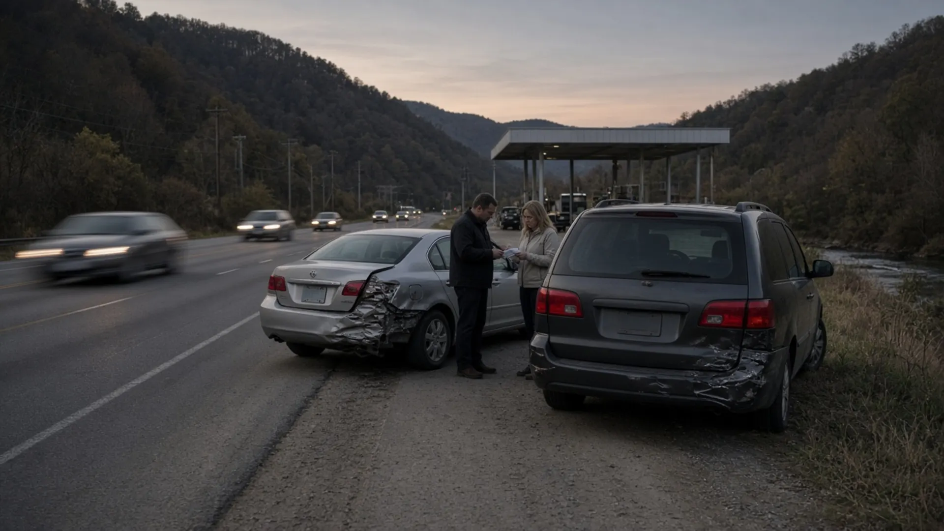 Paintsville, KY personal injury lawyer — Two drivers exchanging information beside their cars at a busy highway junction in the hills near Paintsville at dusk