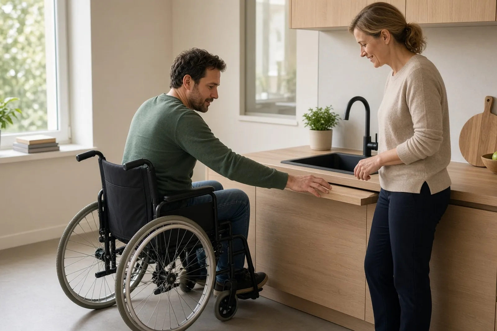 A man using a wheelchair works with an occupational therapist at a kitchen counter during rehabilitation, costs a paralysis injury lawyer documents.