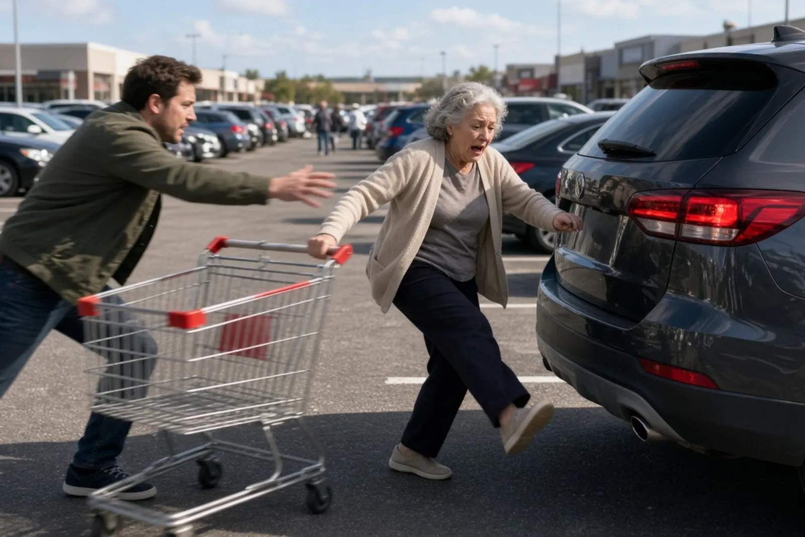 Shopper nearly struck by a backing SUV in a Louisville parking lot accident.