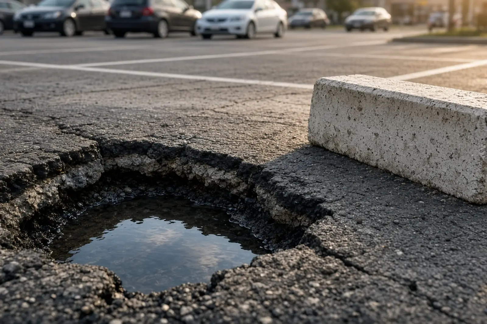 Parking lot slip and fall: deep pothole and crumbling asphalt beside a concrete wheel stop in a shopping center parking lot