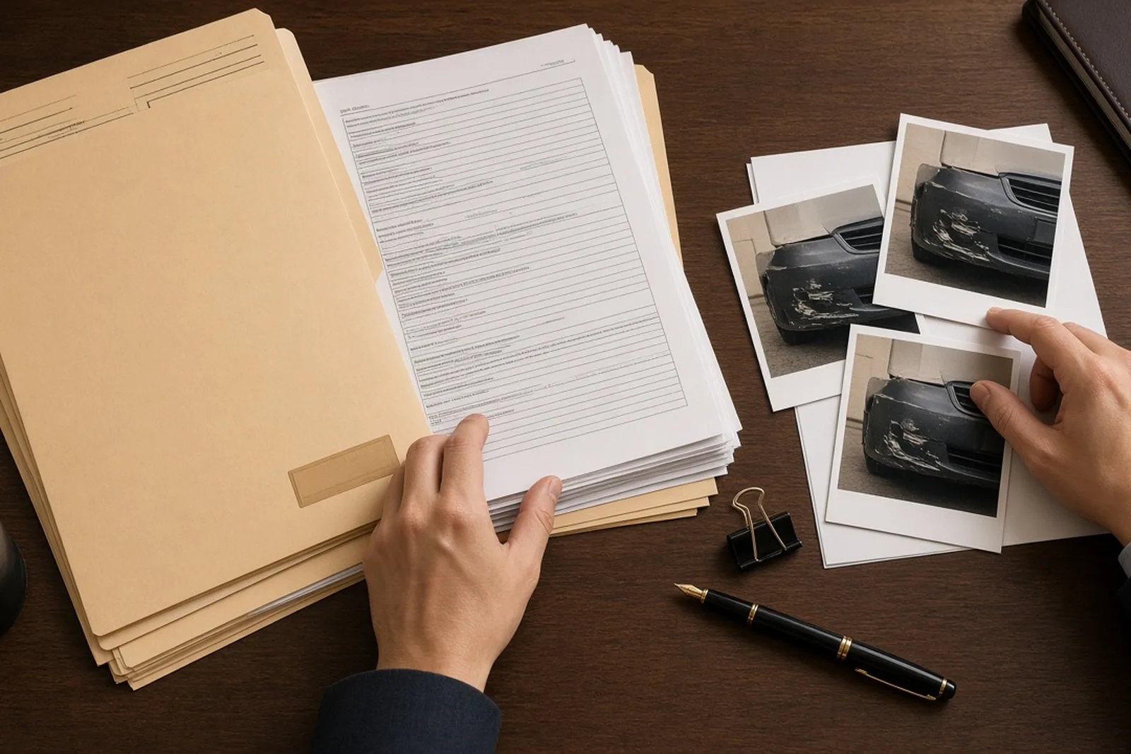 An attorney assembles a personal injury demand letter package with medical records and photos in organized folders on a desk.