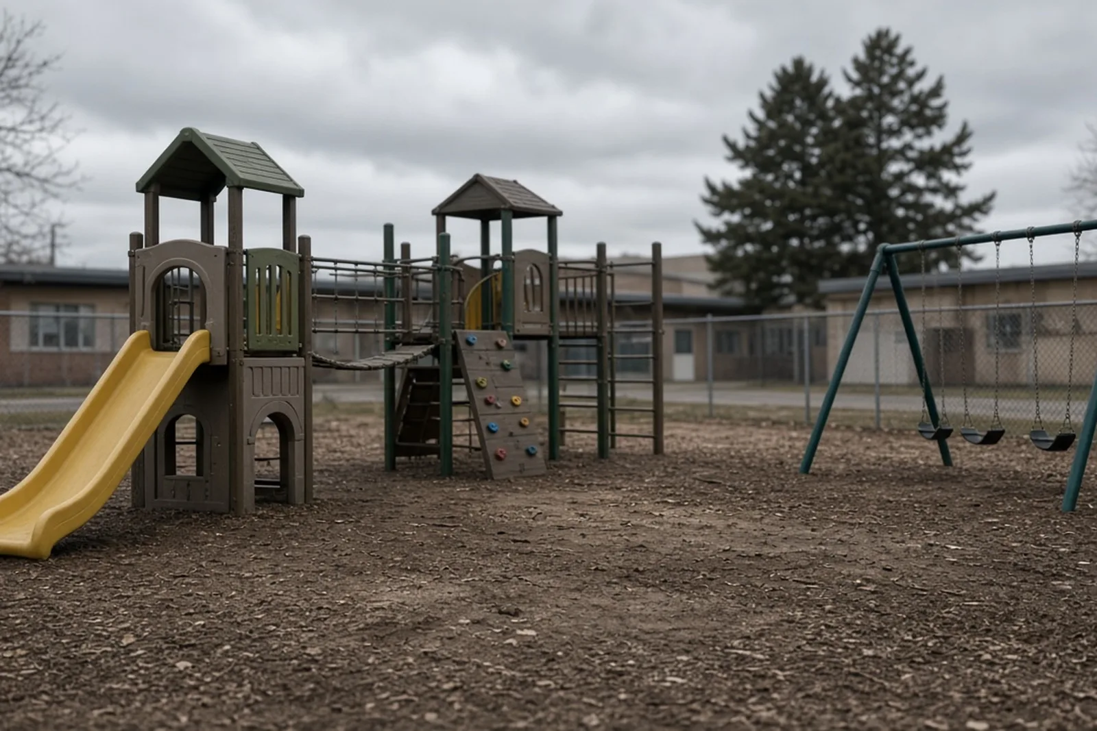 An empty school playground with a slide and climbing structure over a worn patch of ground, a common playground and school injury hazard.