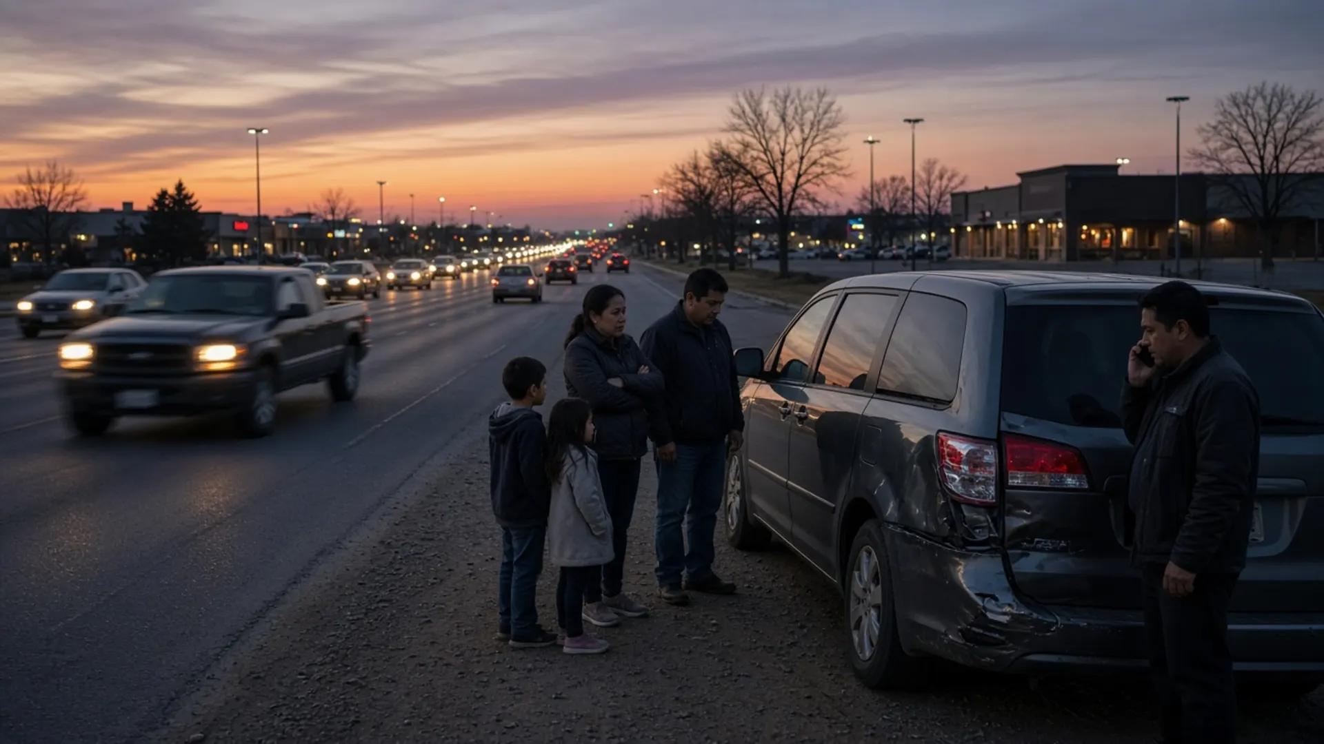 Pleasure Ridge Park personal injury lawyer — Family and drivers beside a damaged minivan at a busy suburban highway intersection with strip malls in Pleasure Ridge Park