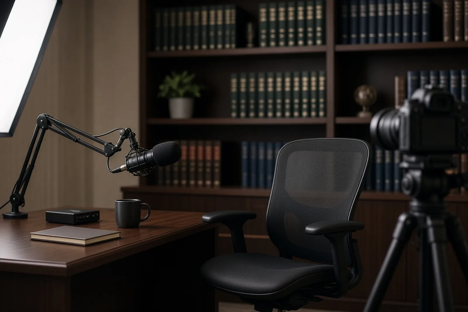 Podcast studio with microphone and camera ready to record