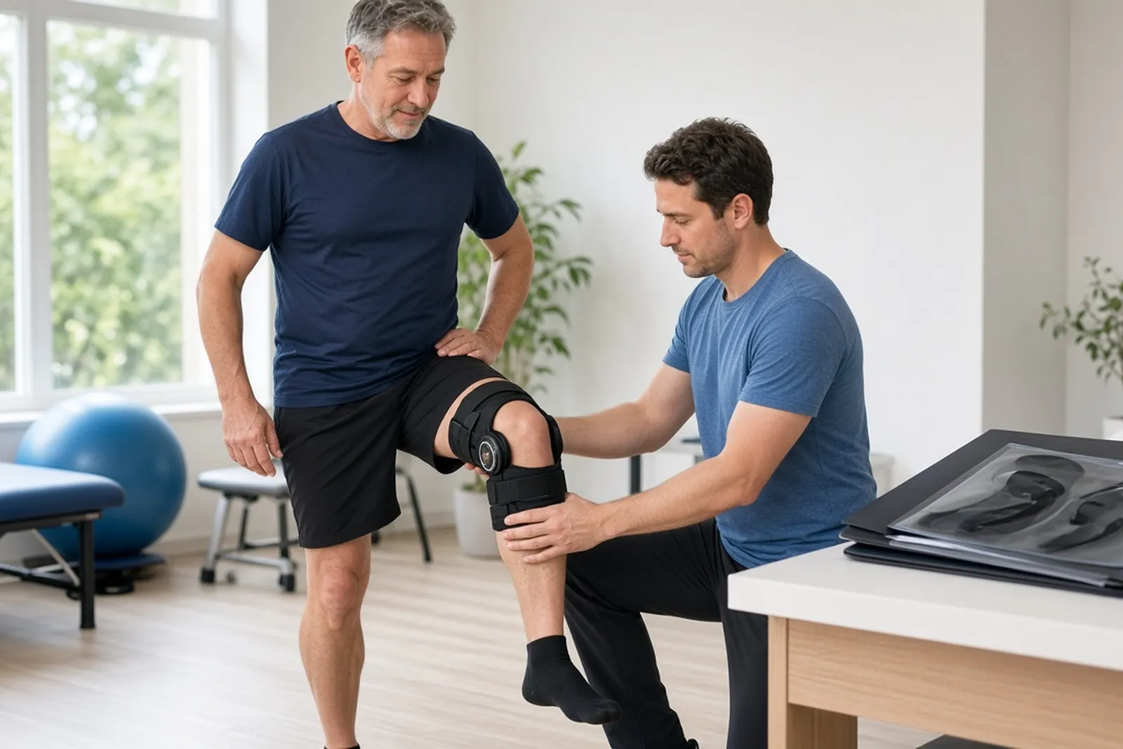 Pre-existing condition after an accident: a man with a knee brace works with a physical therapist.