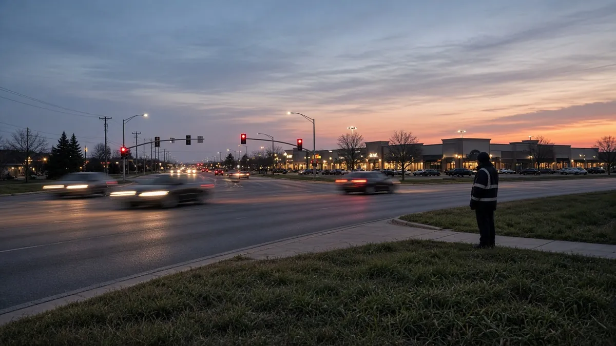 Pedestrian waits where a sidewalk ends beside traffic, a common setting for a Preston Highway accident in Louisville.