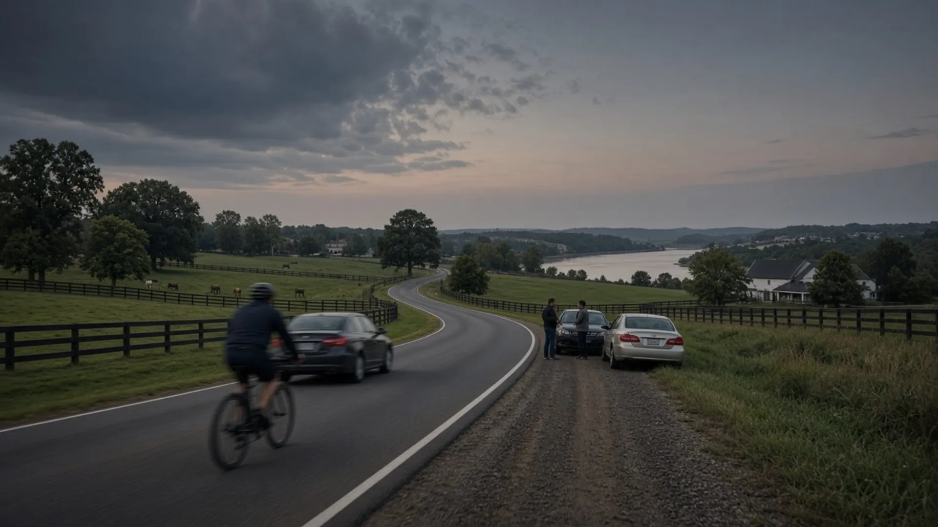 Prospect, KY personal injury lawyer — Cyclist and cars on a winding country road past horse fences near Prospect
