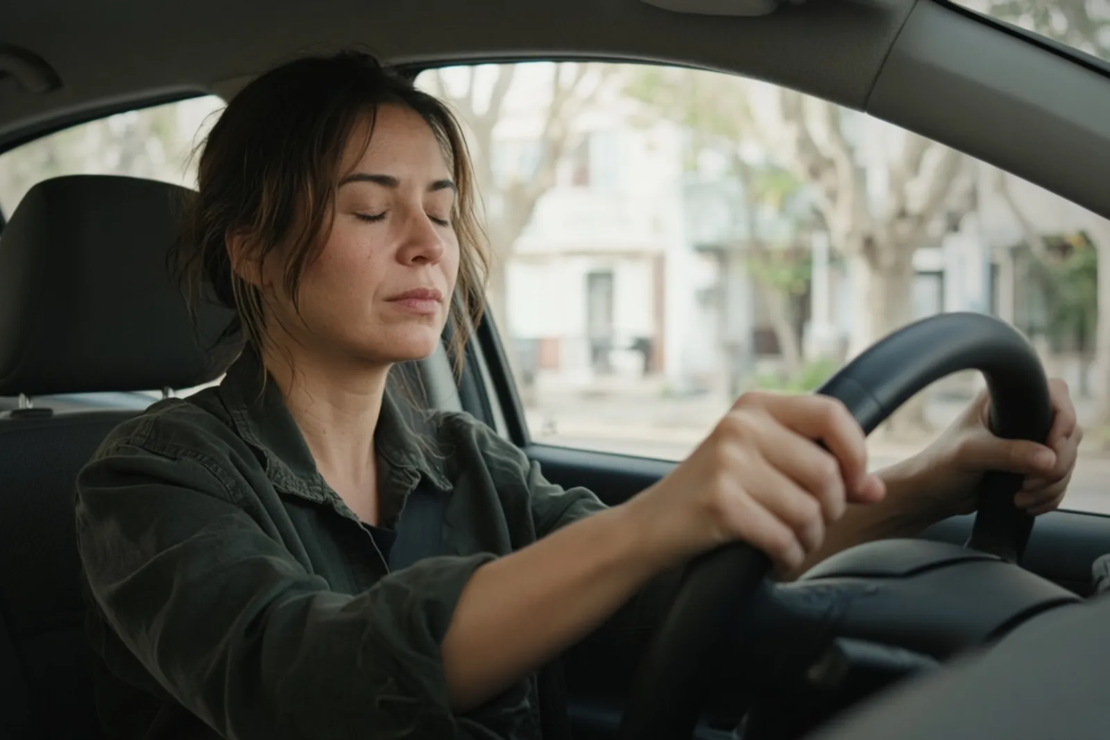 Woman gathering herself before driving again after a car accident
