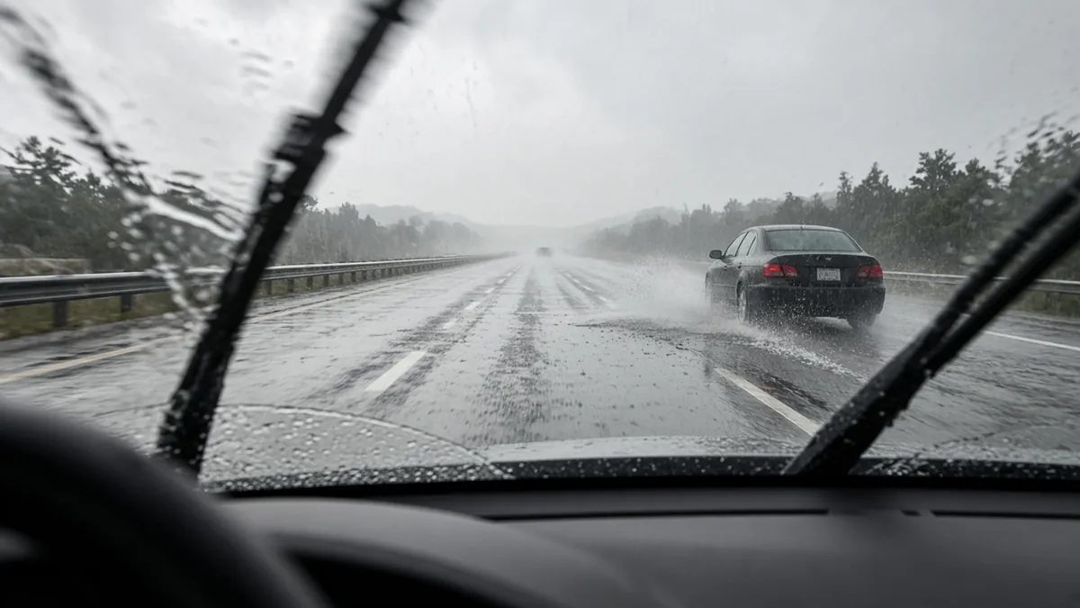 A car throws spray as it starts to slide on a flooded lane, the start of a hydroplaning accident.