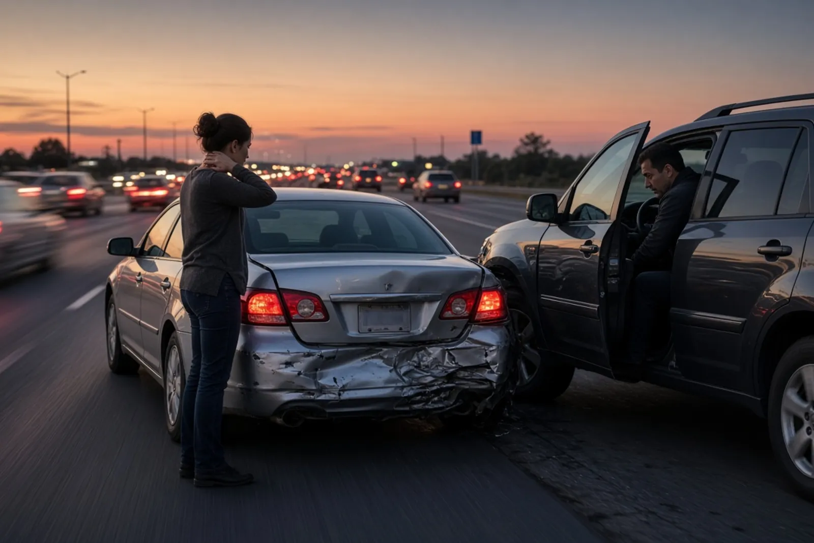 Driver holding her neck after a rear-end collision in Louisville interstate traffic.