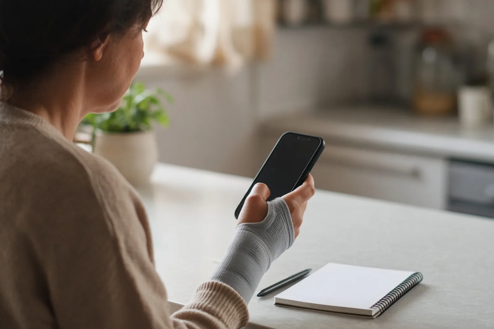 A woman holds her phone on speaker while an insurance adjuster asks for a recorded statement, a notepad beside her.