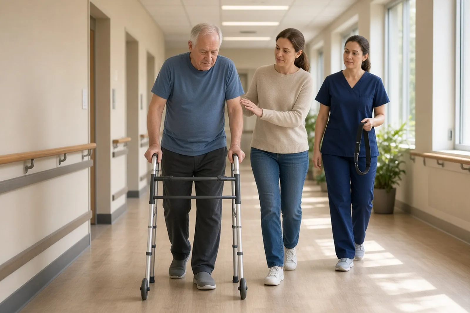 Preventing rehab facility neglect: an older man walks with a walker as his daughter and a therapist stay close.
