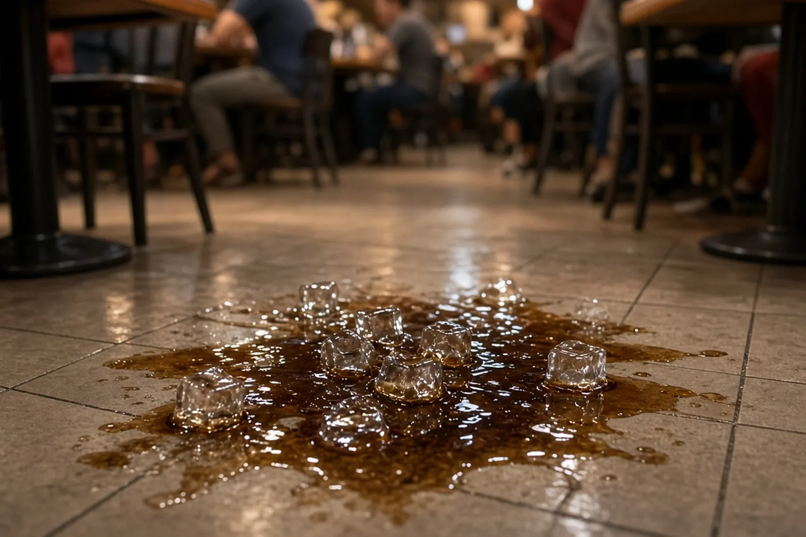 Restaurant slip and fall: spilled drink and ice on a tile floor near tables in a busy restaurant with no warning sign