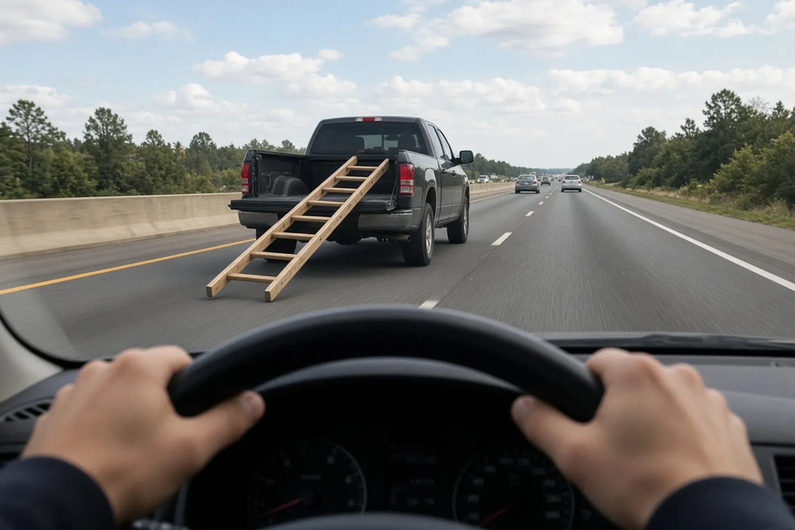 Road debris accident risk: a ladder slides off a pickup on a Kentucky interstate as the driver behind brakes.