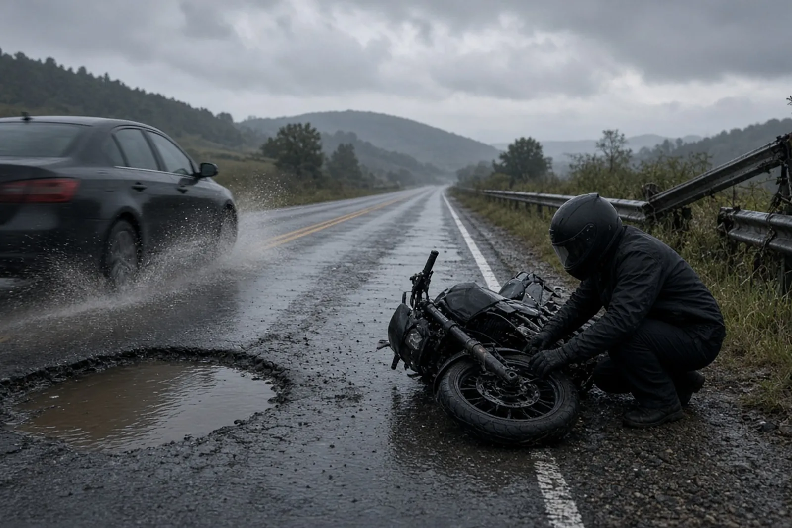 Road defect accident: a motorcyclist checks a damaged wheel beside a deep pothole on a Kentucky road.