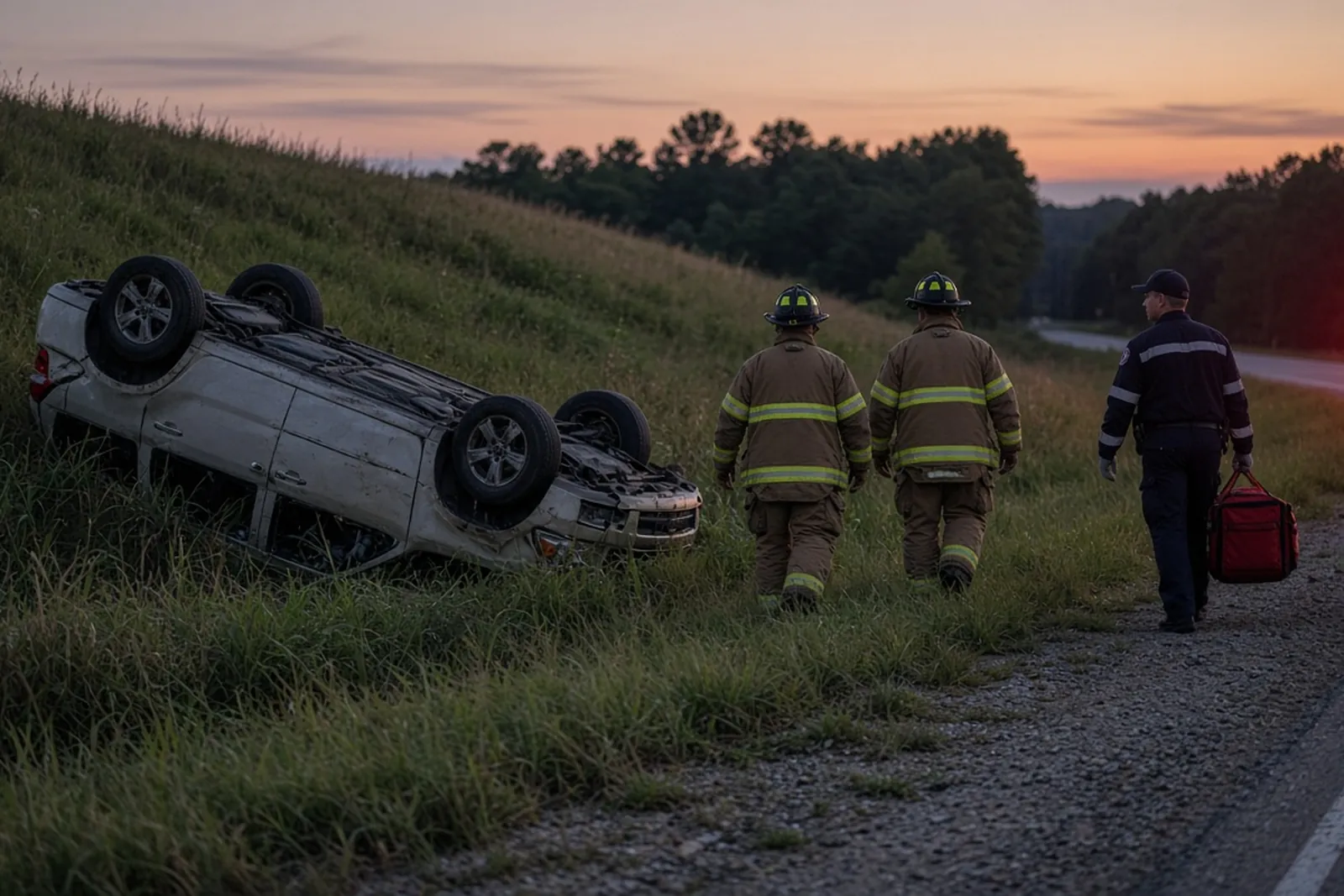 Rollover accident on a Kentucky highway: firefighters approach an SUV resting on its side in the grass.