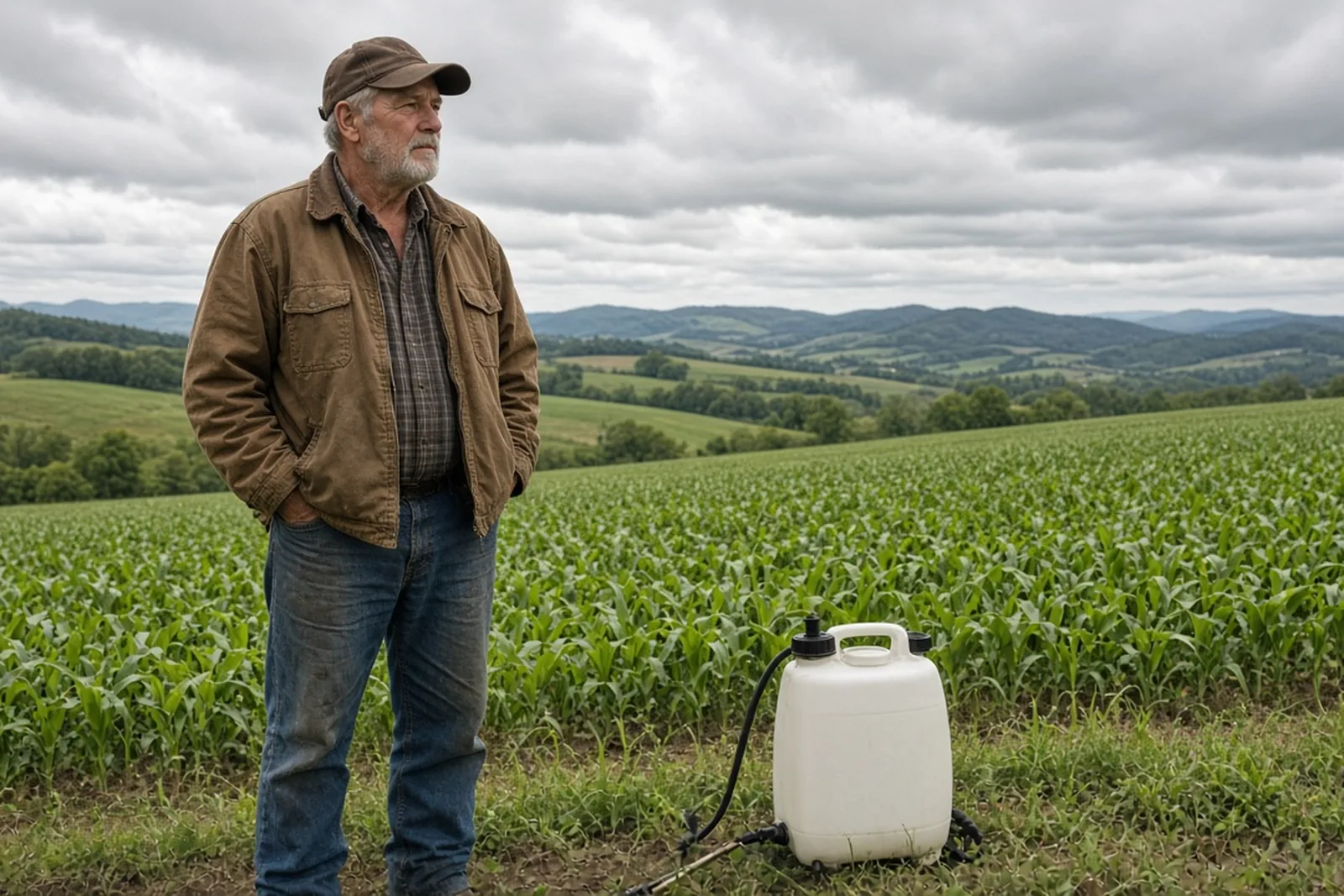 Farmer standing in a Kentucky field beside a sprayer, the kind of exposure behind a Roundup lawsuit