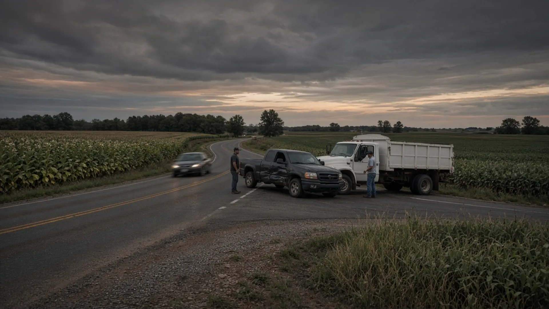 Russellville, KY personal injury lawyer — Pickup and farm truck after a collision on a rural two-lane highway near Russellville