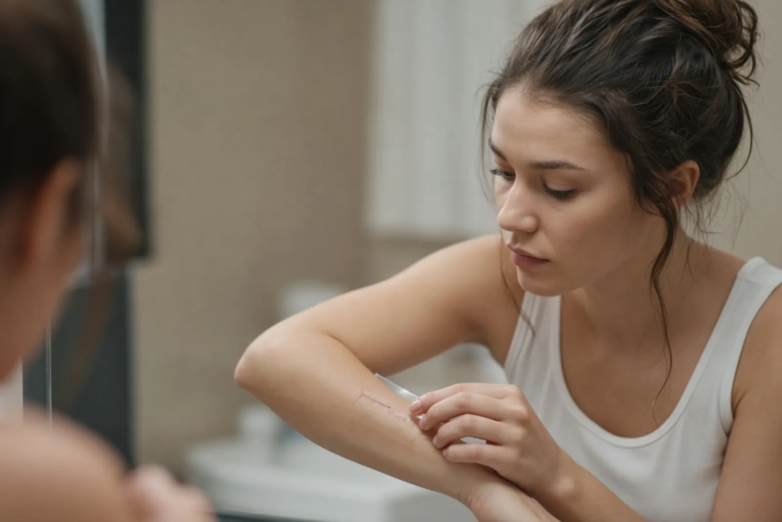 Woman caring for a healing scar after an accident