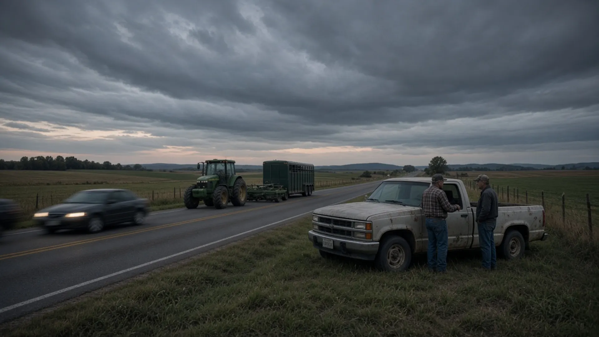 Shelbyville, KY personal injury lawyer — Drivers on the shoulder after a pickup crash on a rural highway with a tractor near Shelbyville