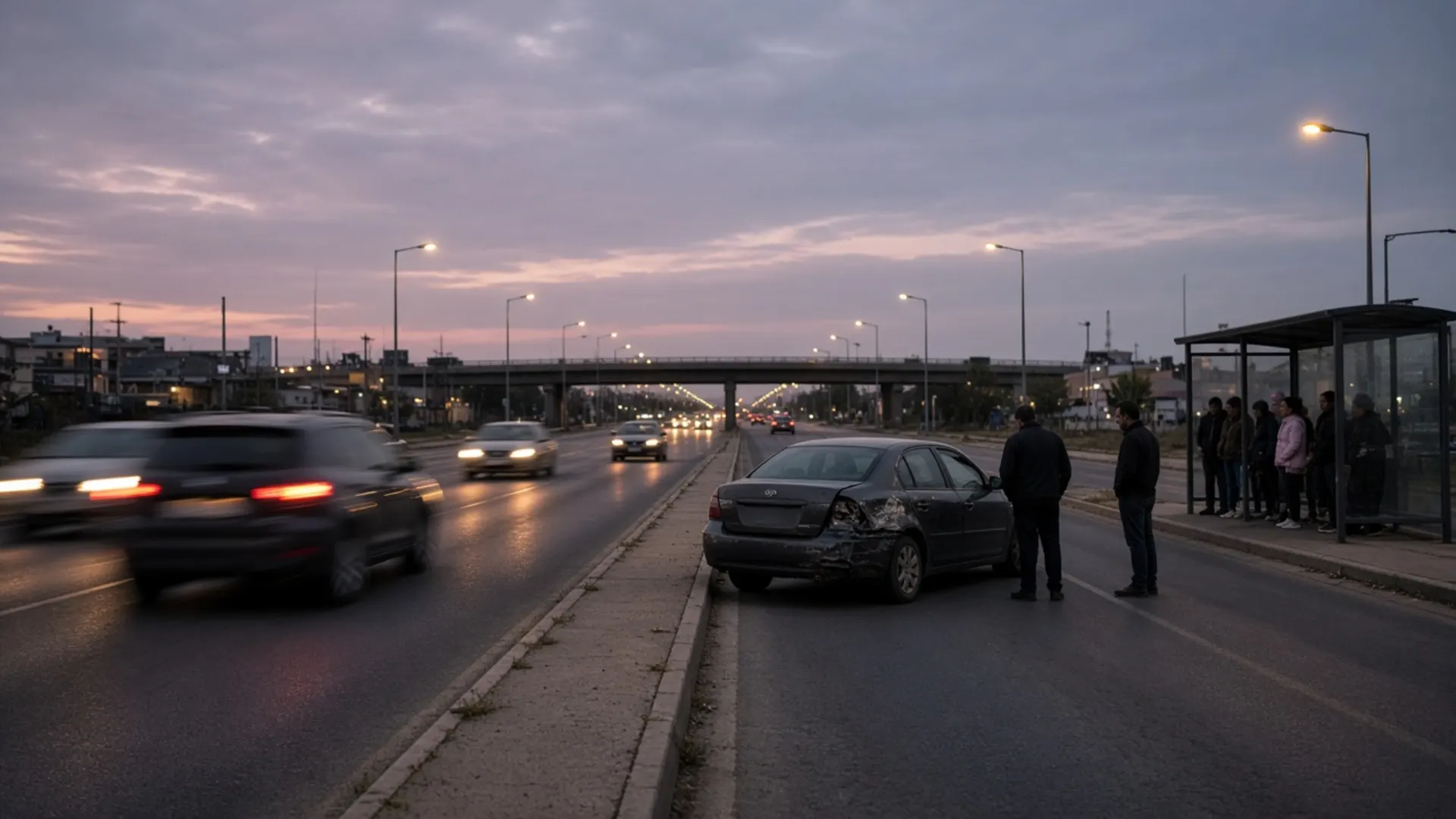 Shively, KY personal injury lawyer — Bus riders and drivers beside a damaged car on a wide commercial highway with a median near an interstate overpass in Shively