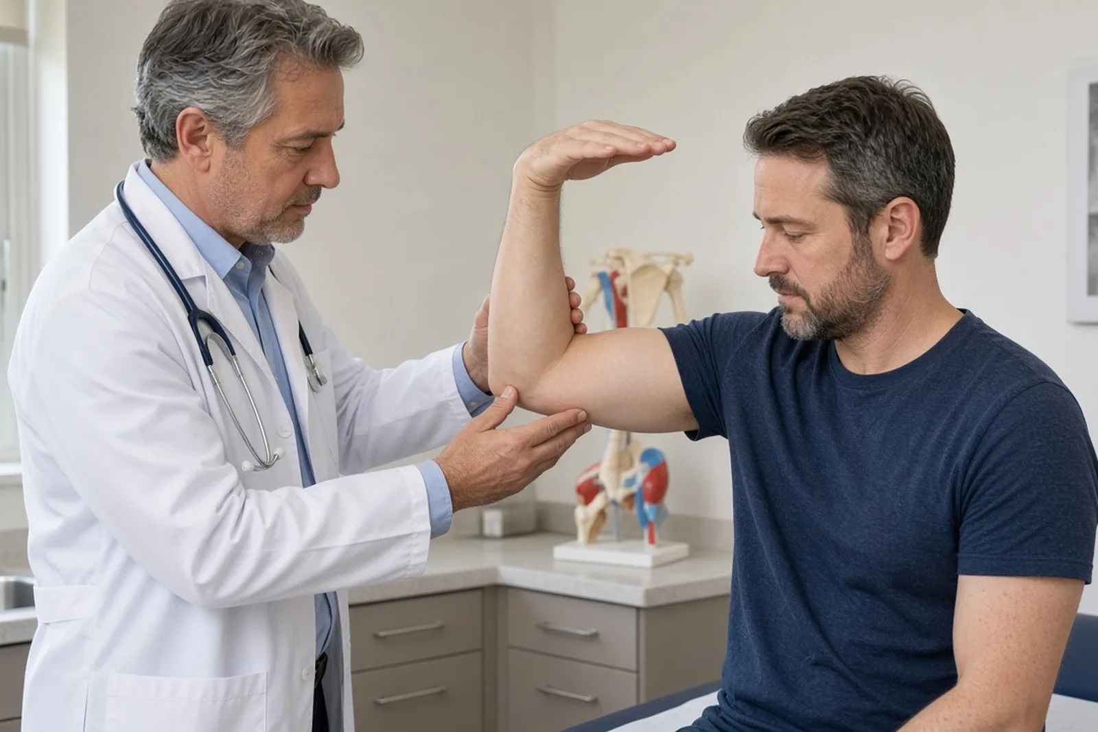 Orthopedic doctor checking a shoulder injury after a car accident in a male patient’s arm and shoulder range of motion in a clinic