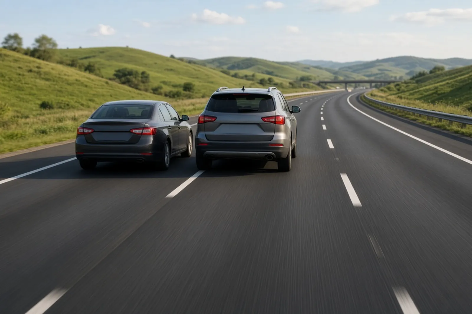 Sideswipe accident risk: an SUV drifts into the next lane beside a sedan on a Louisville interstate.