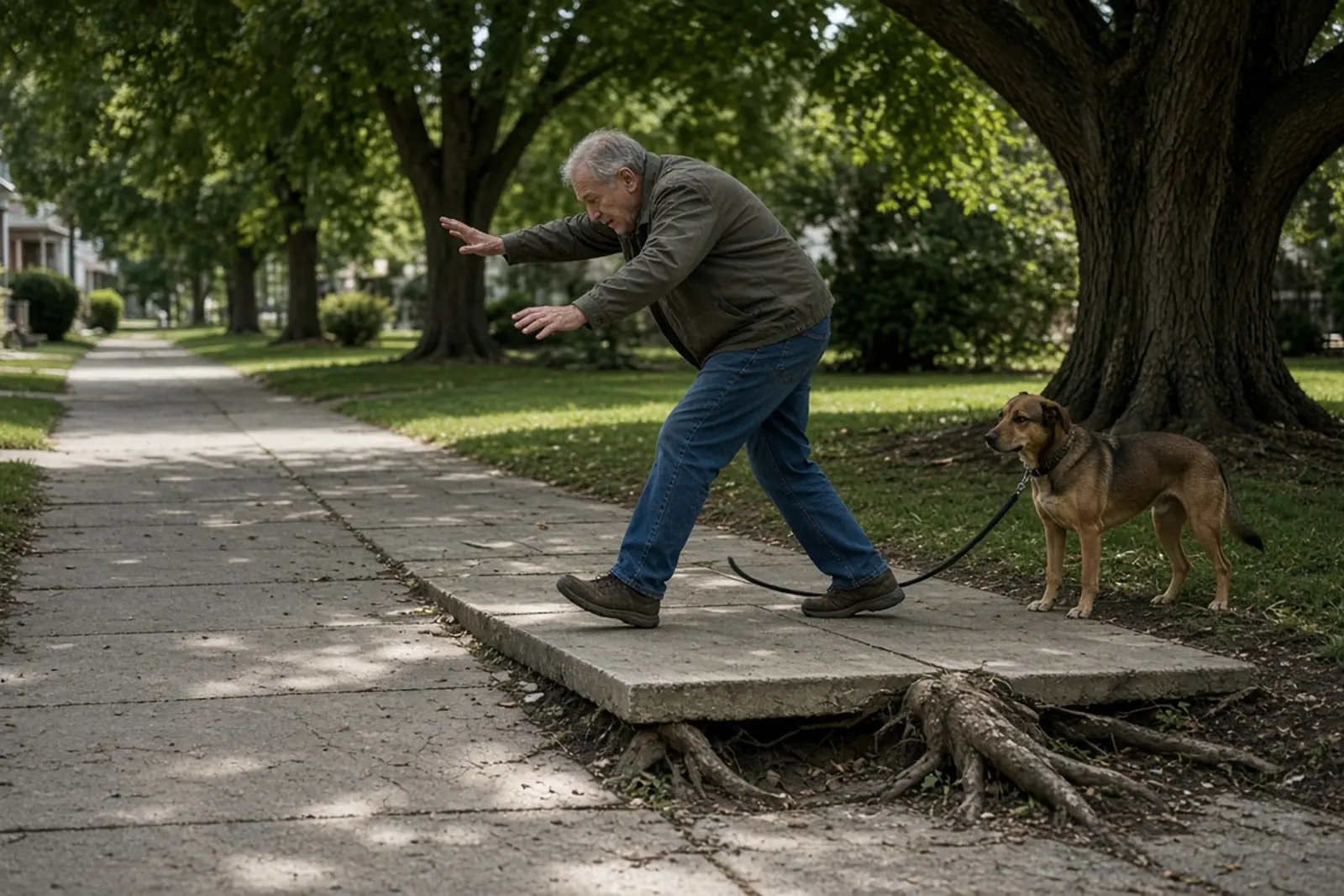 Sidewalk trip and fall hazard: a pedestrian catches a toe on a root-lifted slab on a Louisville sidewalk.