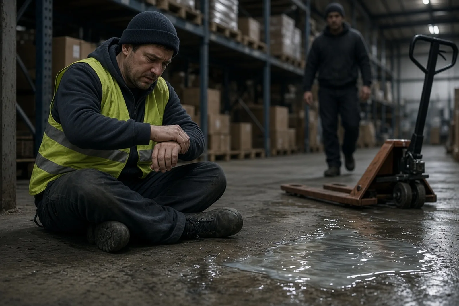 Slip and fall at work: warehouse worker sitting on a wet concrete floor holding his wrist next to a spilled liquid and a pallet jack