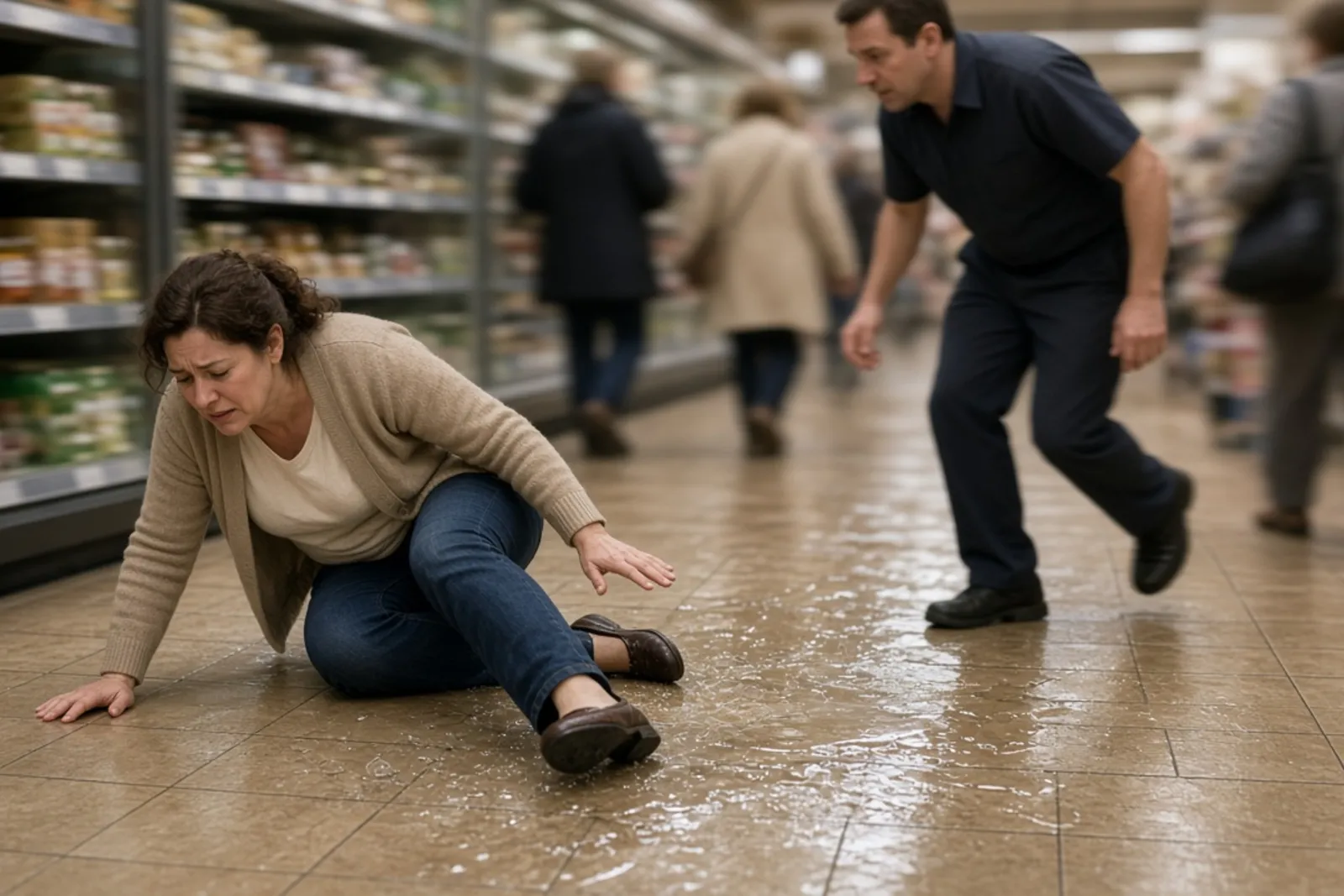 Wet floor warning sign in a store aisle where a slip and fall occurred