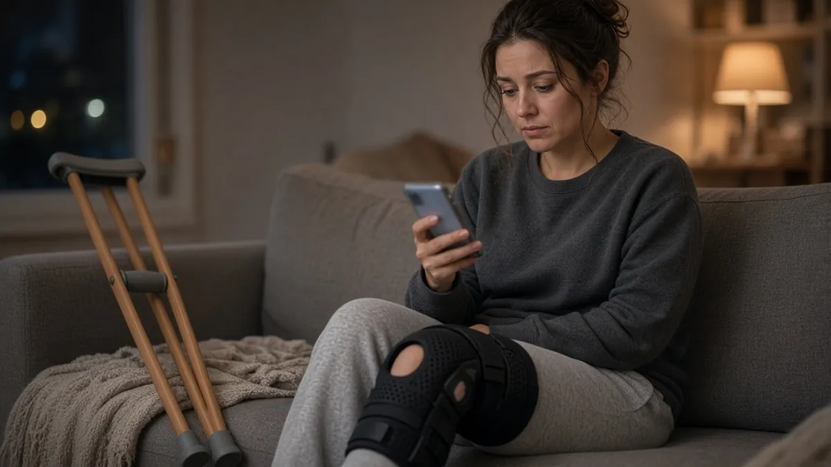Social media after an accident: an injured person with a knee brace pauses before posting a photo.