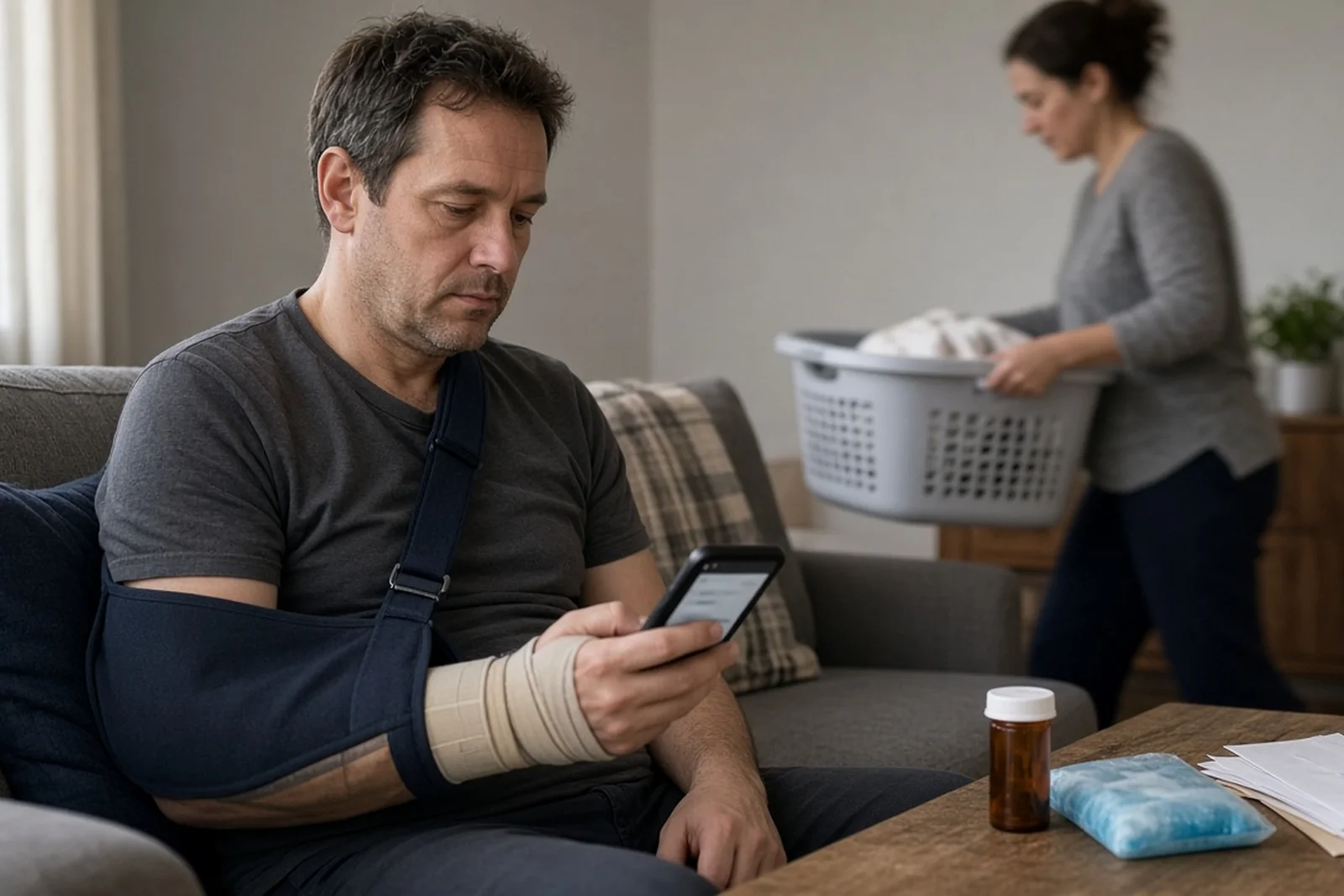 An injured man in an arm sling logs out of social media on his phone at home, protecting his personal injury claim.