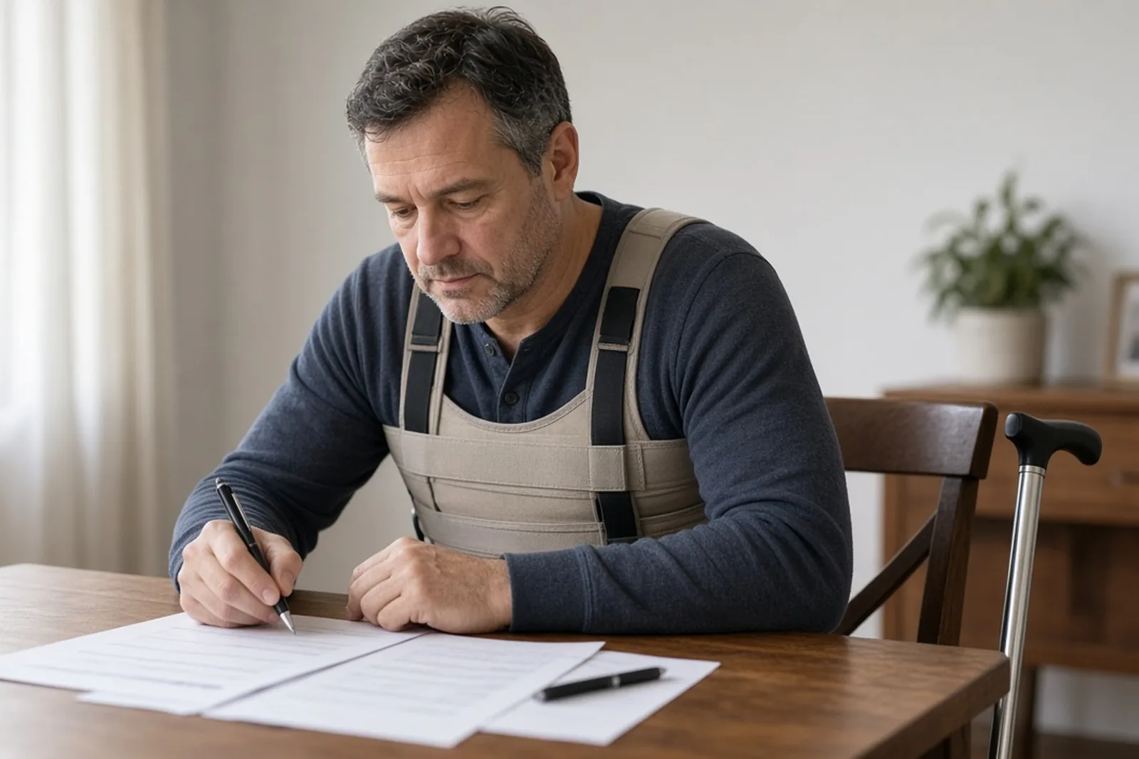 Man with a back brace filling out Social Security Disability forms at home
