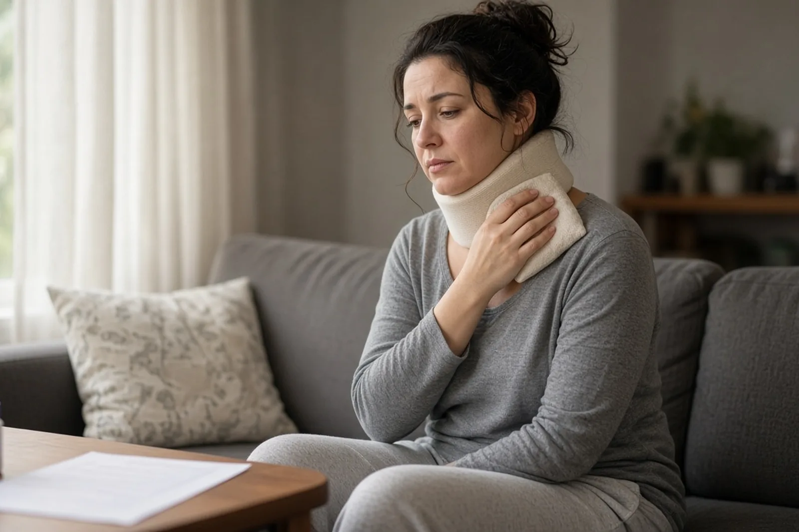 Woman on a sofa wearing a soft neck collar and holding her neck in pain, the start of a soft tissue injury claim
