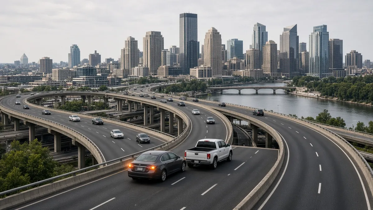 Spaghetti Junction accident risk: cars merge across lanes on stacked interstate ramps in downtown Louisville.