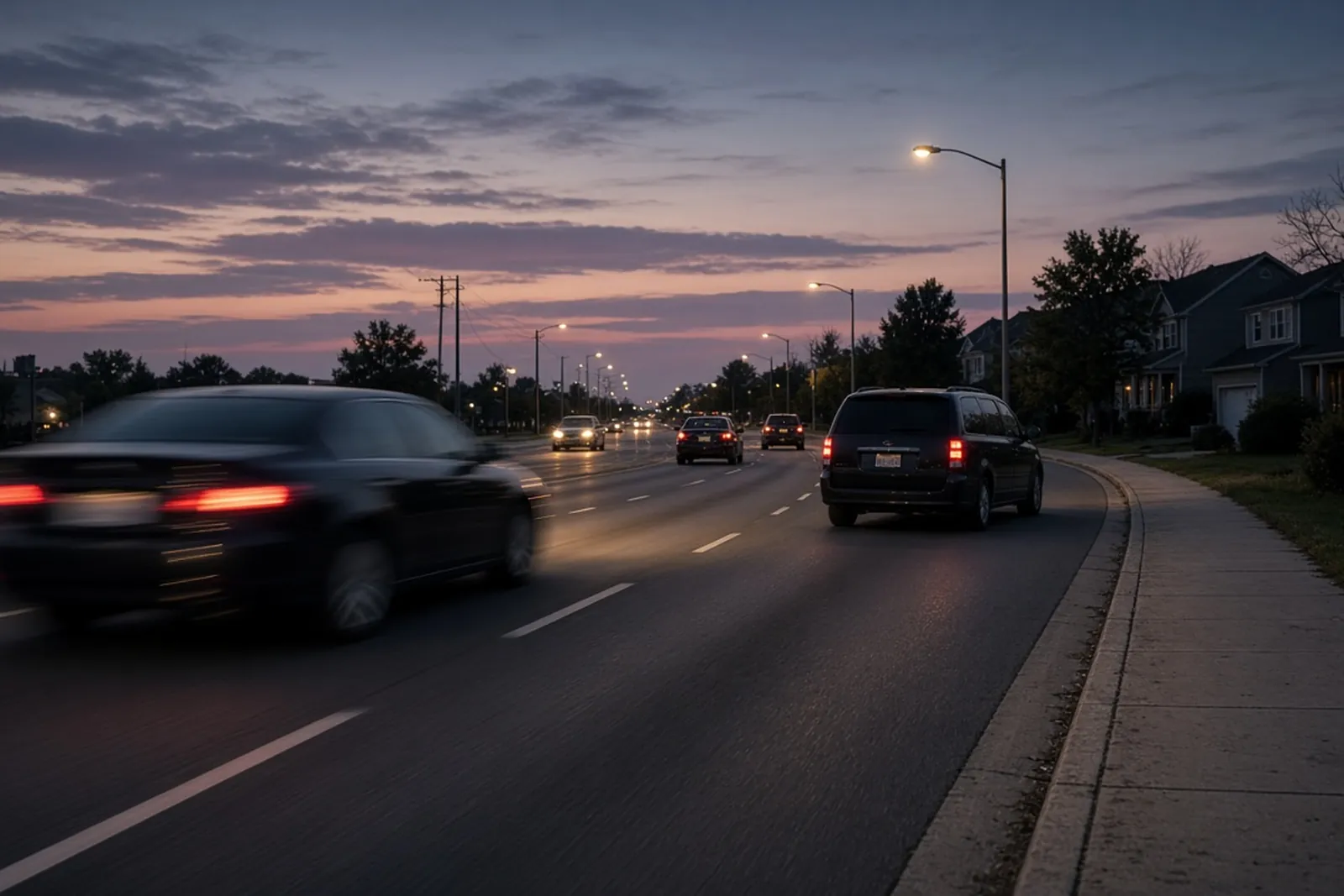 A car streaks past traffic at dusk on a Louisville road, the kind of driving behind a speeding accident.