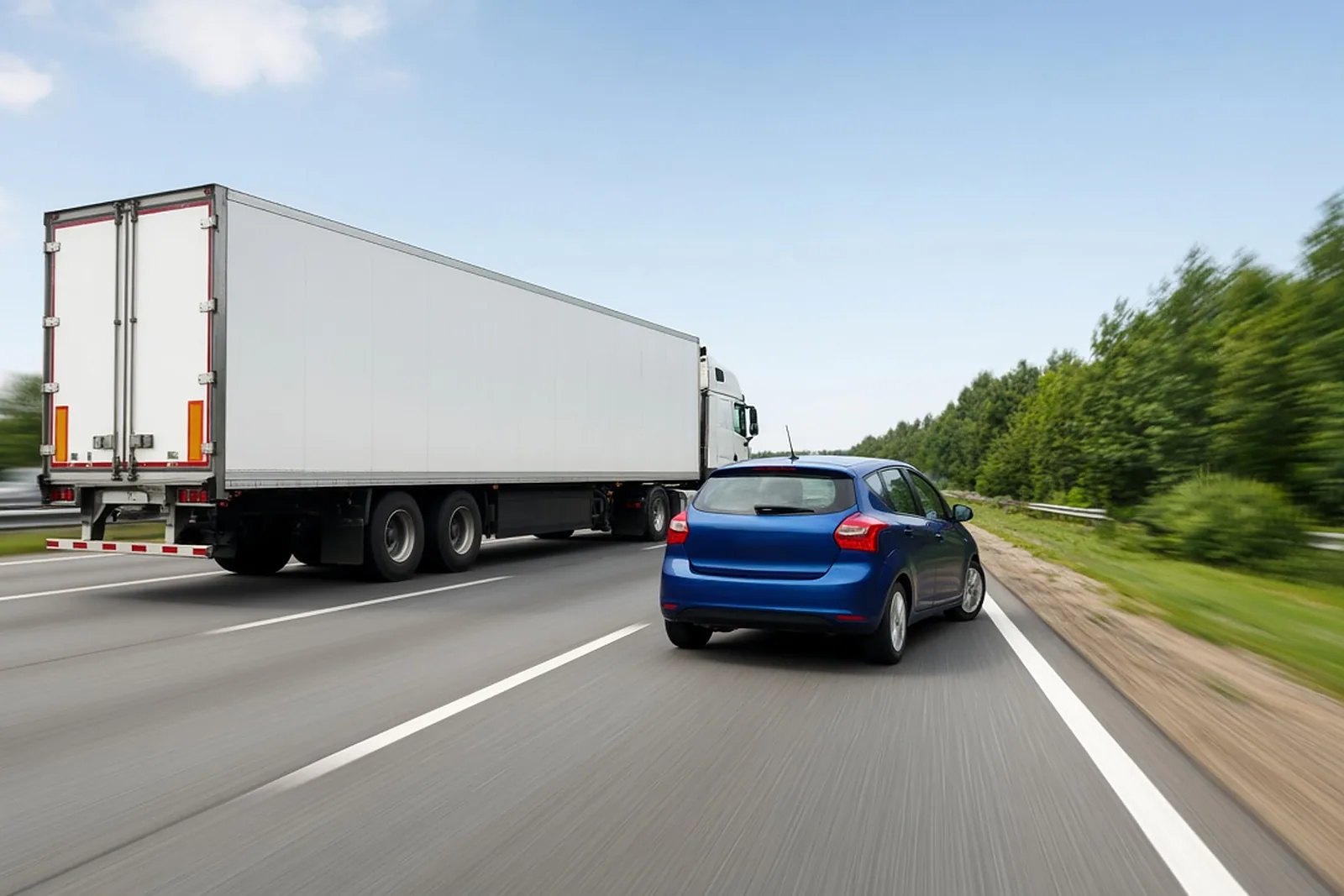 Speeding truck accident risk: tractor-trailer passing a small car at highway speed
