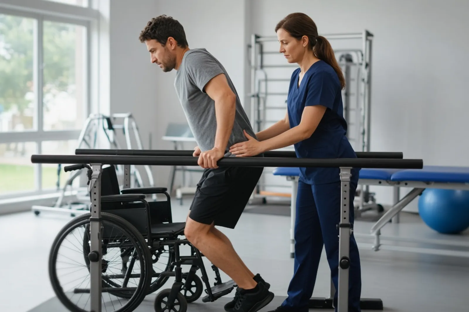 Man with a spinal cord injury doing rehabilitation exercises with a physical therapist
