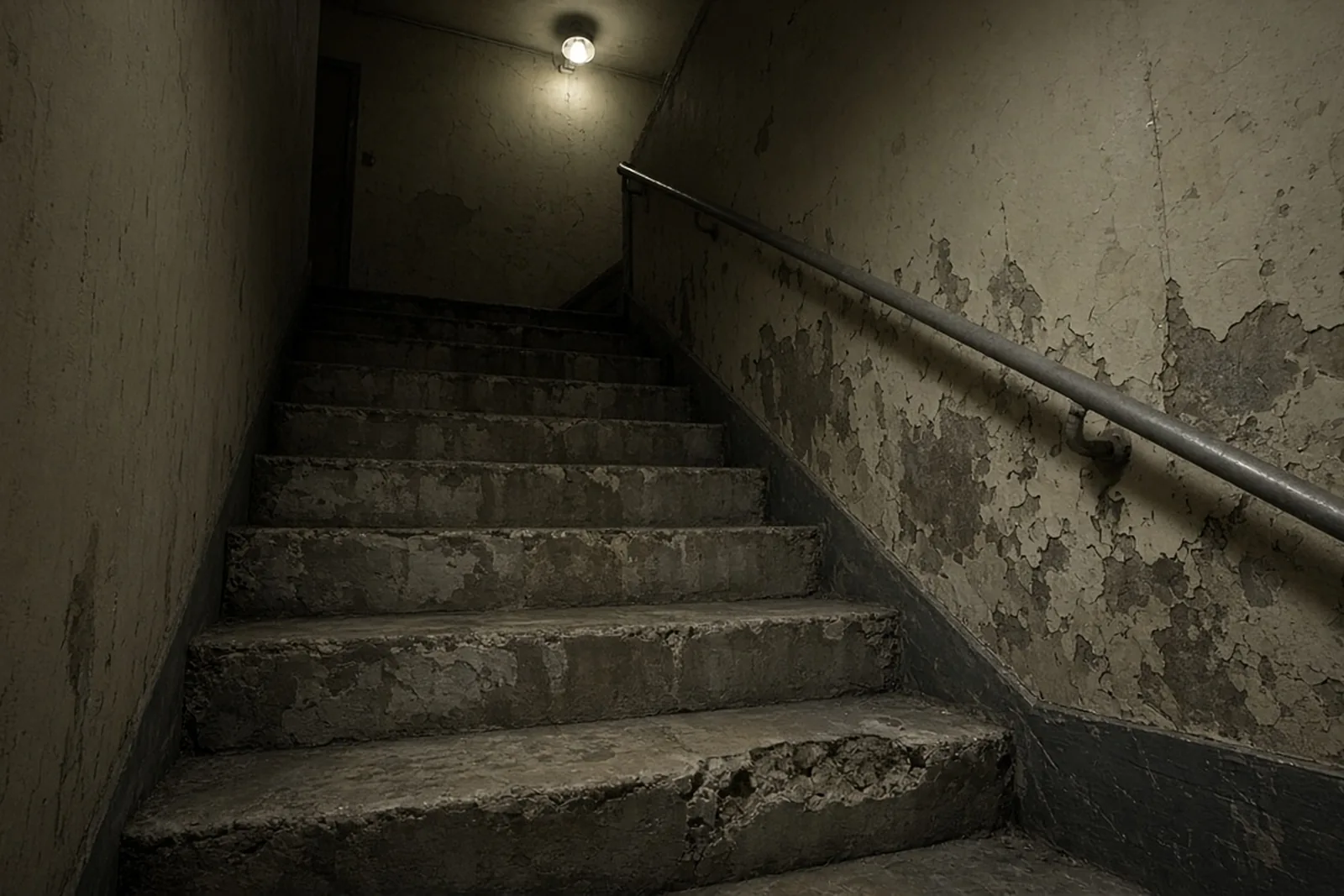 Stairway fall: worn concrete stairway with a loose handrail and a chipped step edge in a dim apartment building stairwell