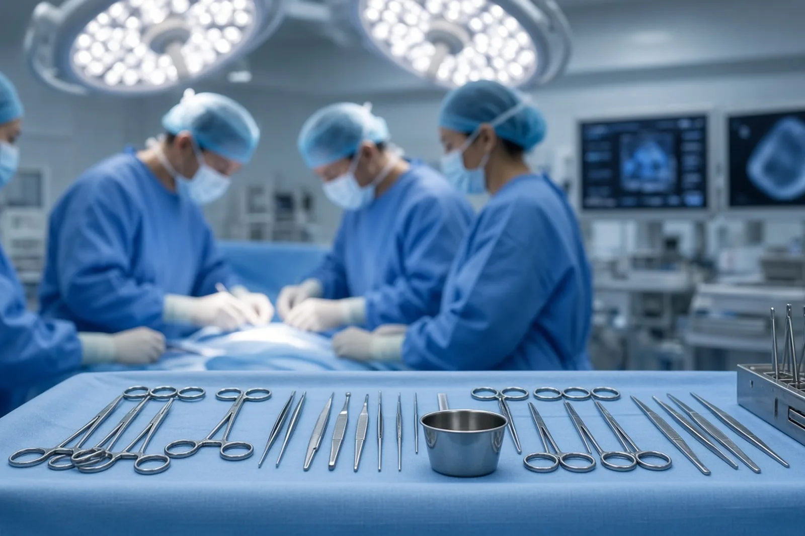 A surgical team works under bright lights in an operating room, instruments counted on a sterile tray to prevent a surgical error.