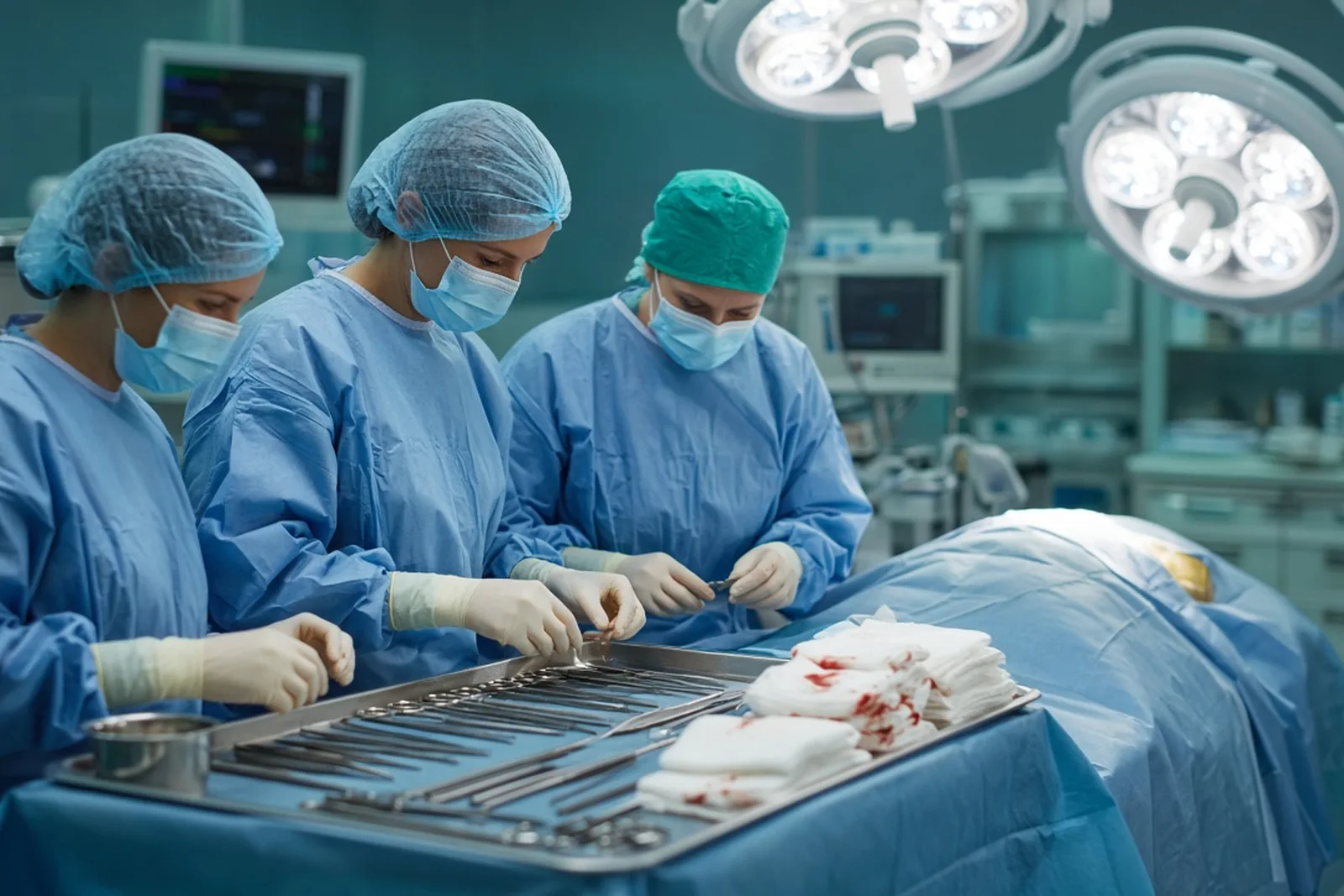 Surgical team counting instruments and sponges beside a draped patient, a safeguard against surgical never events in a hospital operating room.